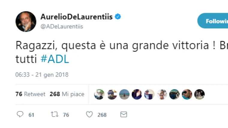 FOTO - Il tweet di De Laurentiis: "Grande vittoria!"